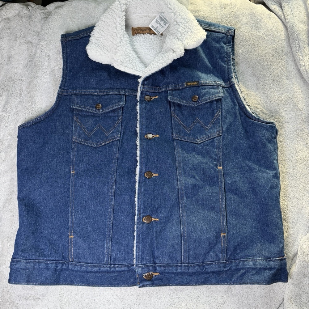 Vintage Wrangler Denim Vest Men L Blue Sherpa Lined Western Ranch Cowboy